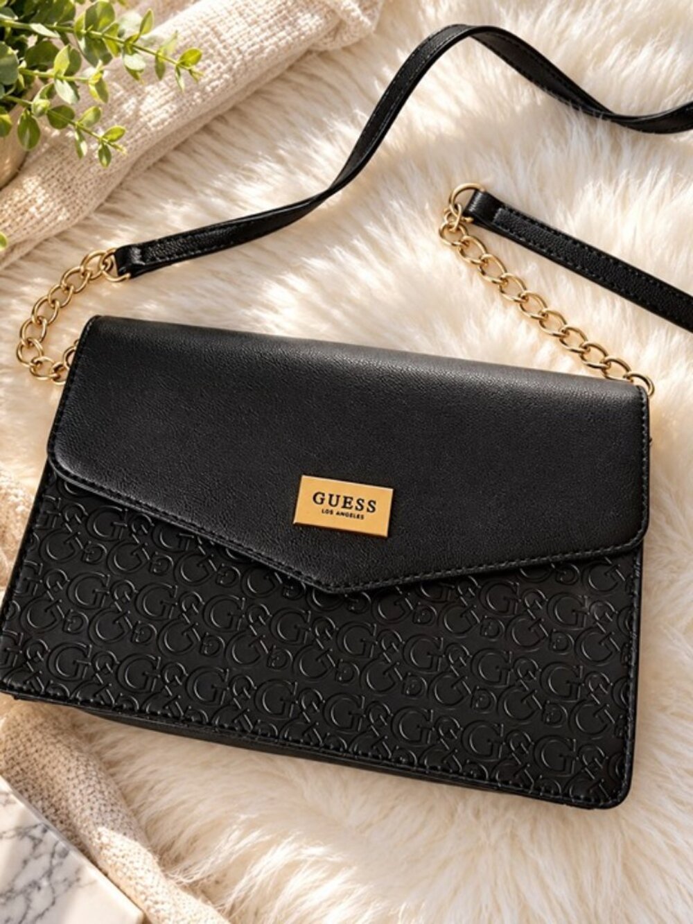 GUESS Black Embossed Logo Crossbody Bag Gold Tone Chain Shoulder Purse
